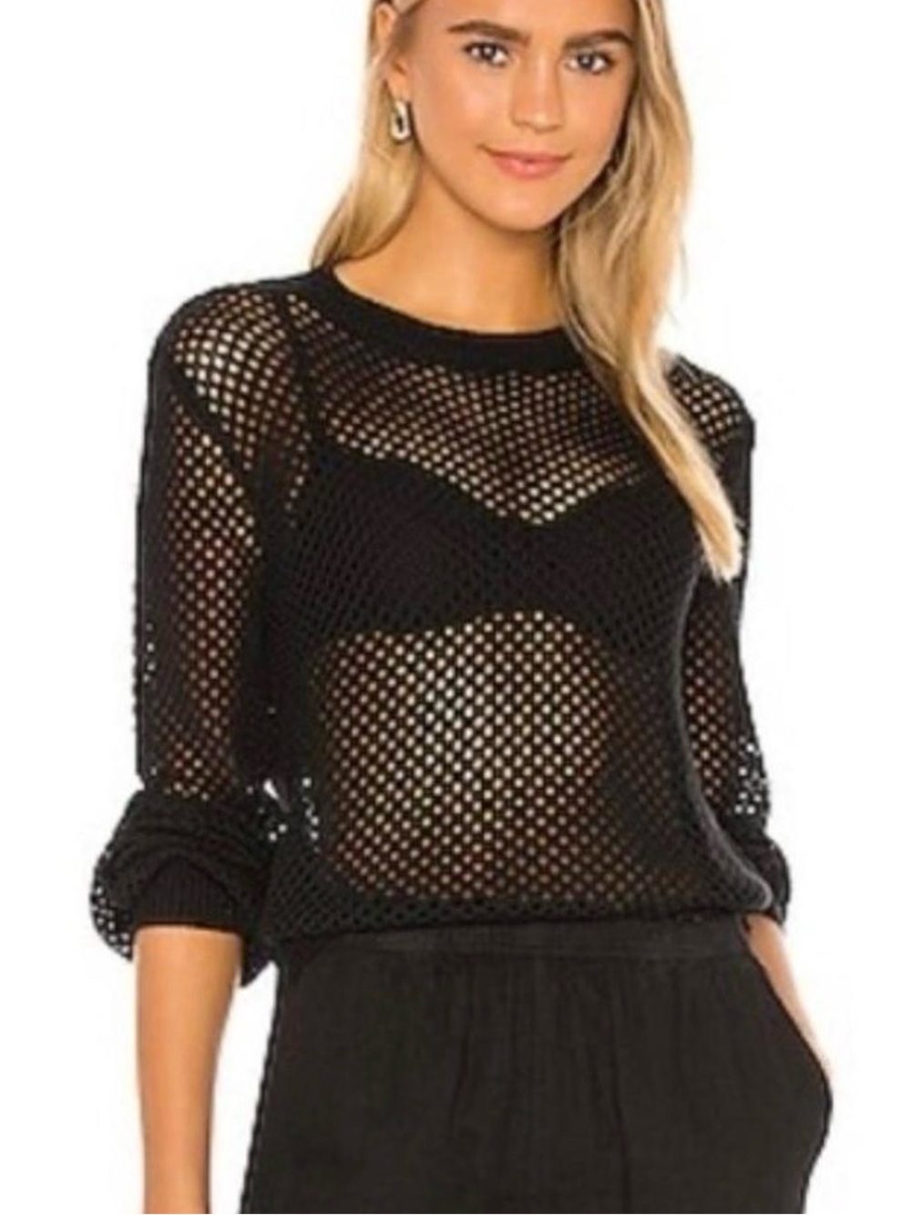 Monrow Black Open-Knit Sheer Sweater